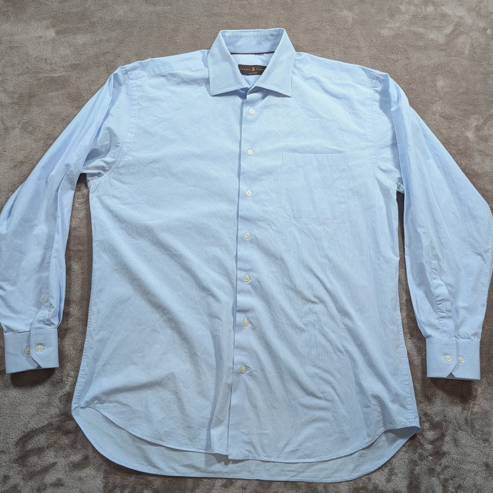 Robert Talbott Classic Mens Dress Shirt 16.5 Blue White Stripe Cotton Button Up